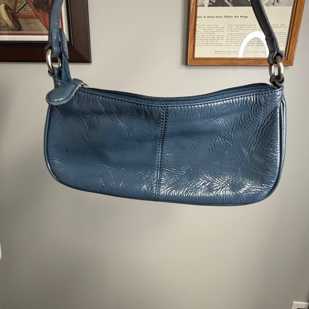 Wilsons Leather Blue Patent Baguette Shoulder Bag Y2K Vintage Slate Blue